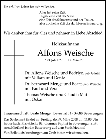 Traueranzeige von Alfons Weische von Neue Westfälische