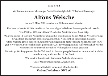 Traueranzeige von Alfons Weische von Neue Westfälische