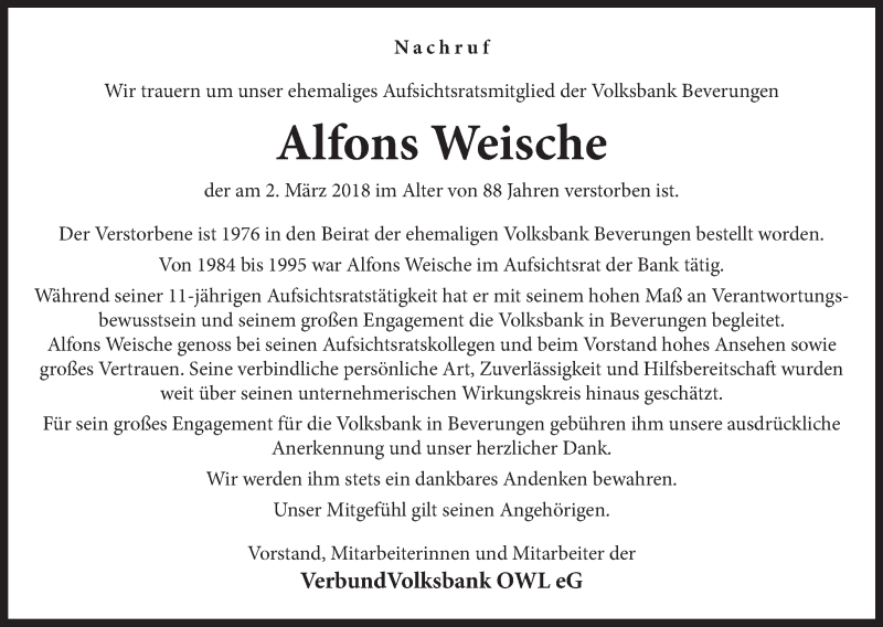  Traueranzeige für Alfons Weische vom 07.03.2018 aus Neue Westfälische