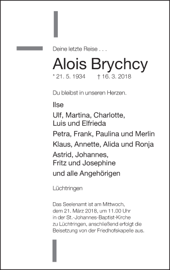 Traueranzeige von Alois Brychcy von Neue Westfälische