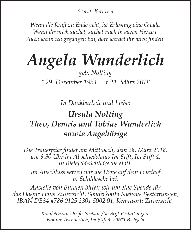  Traueranzeige für Angela Wunderlich vom 24.03.2018 aus Neue Westfälische
