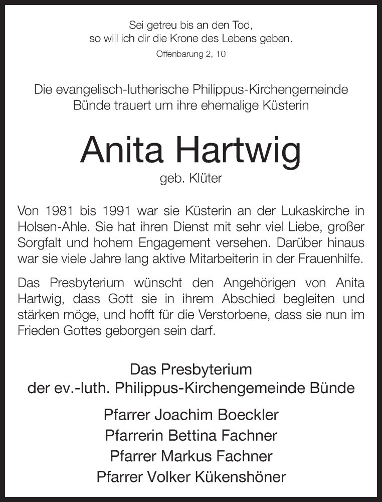  Traueranzeige für Anita Hartwig vom 28.03.2018 aus Neue Westfälische