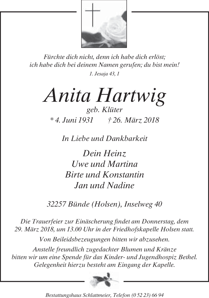  Traueranzeige für Anita Hartwig vom 28.03.2018 aus Neue Westfälische