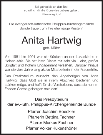 Traueranzeige von Anita Hartwig von Neue Westfälische