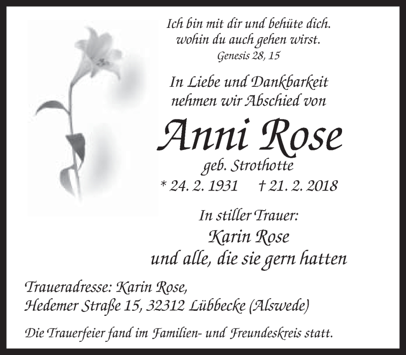  Traueranzeige für Anni Rose vom 01.03.2018 aus Neue Westfälische