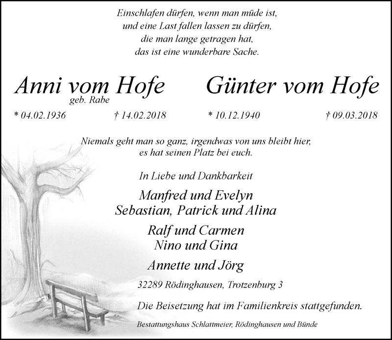  Traueranzeige für Anni und Günter  vom Hofe vom 24.03.2018 aus Neue Westfälische