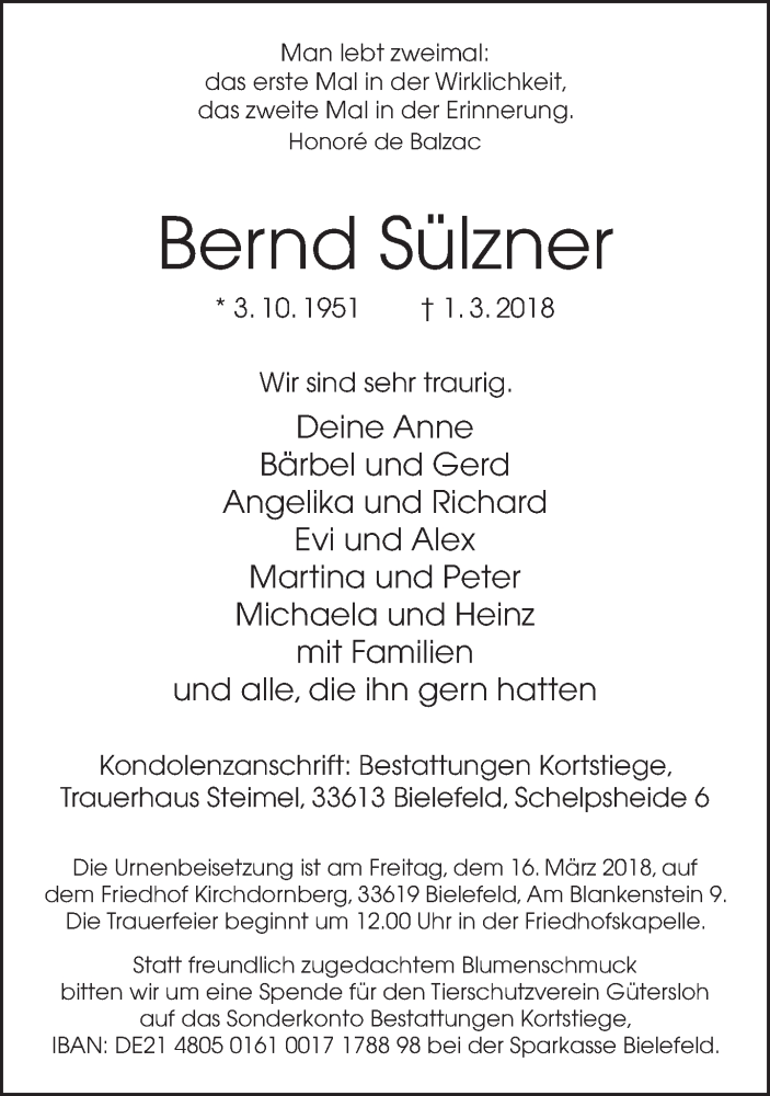  Traueranzeige für Bernd Sülzner vom 07.03.2018 aus Neue Westfälische