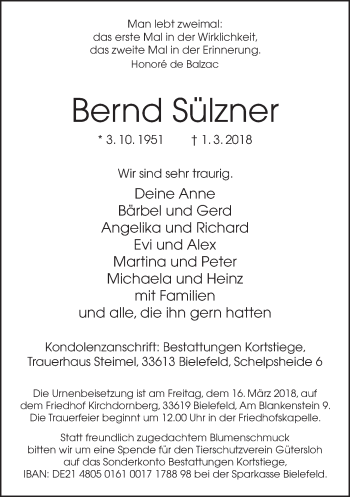 Traueranzeige von Bernd Sülzner von Neue Westfälische