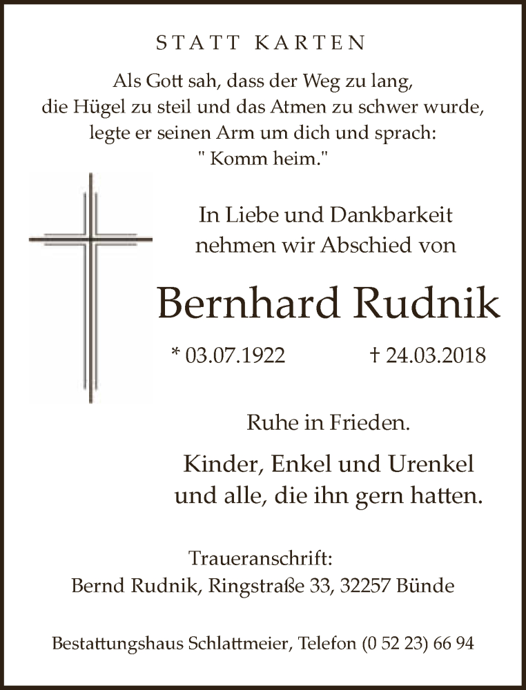  Traueranzeige für Bernhard Rudnik vom 27.03.2018 aus Neue Westfälische