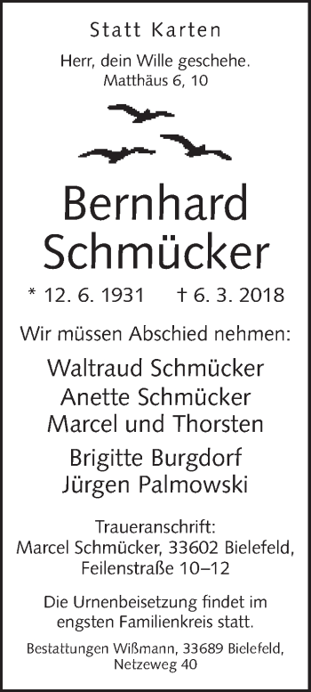 Traueranzeige von Bernhard Schmücker von Neue Westfälische