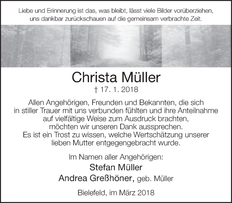  Traueranzeige für Christa Müller vom 03.03.2018 aus Neue Westfälische