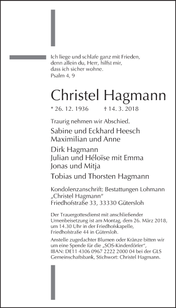 Traueranzeige von Christel Hagmann von Neue Westfälische