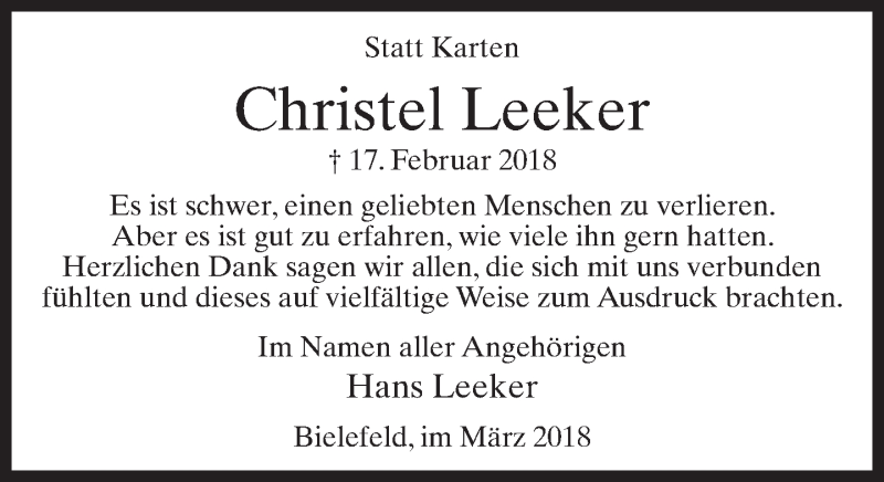  Traueranzeige für Christel Leeker vom 10.03.2018 aus Neue Westfälische