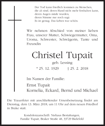 Traueranzeige von Christel Tupait von Neue Westfälische