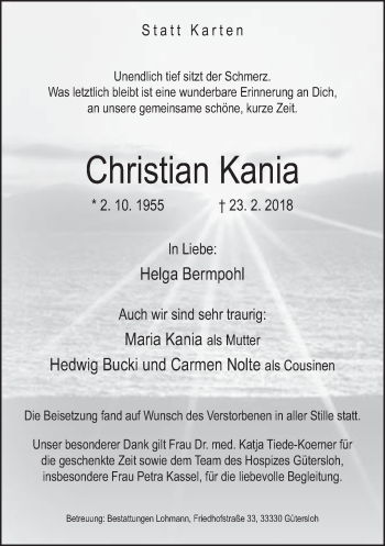 Traueranzeige von Christian Kania von Neue Westfälische