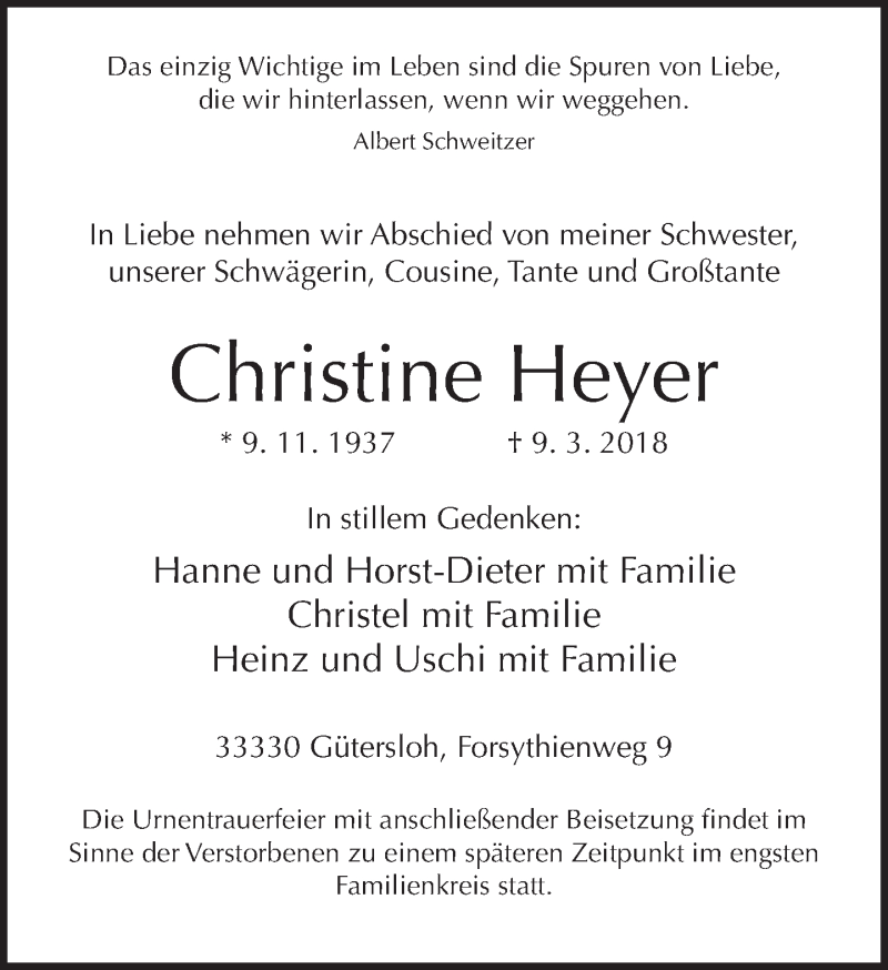  Traueranzeige für Christine Heyer vom 17.03.2018 aus Neue Westfälische