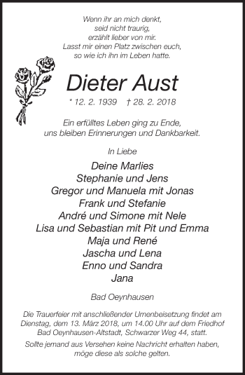 Traueranzeige von Dieter Aust von Neue Westfälische