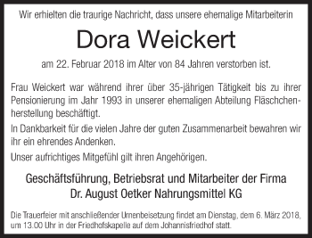Traueranzeige von Dora Weickert von Neue Westfälische