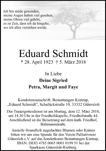 Traueranzeige von Eduard Schmidt von Neue Westfälische