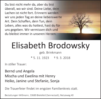 Traueranzeige von Elisabeth Brodowsky von Neue Westfälische