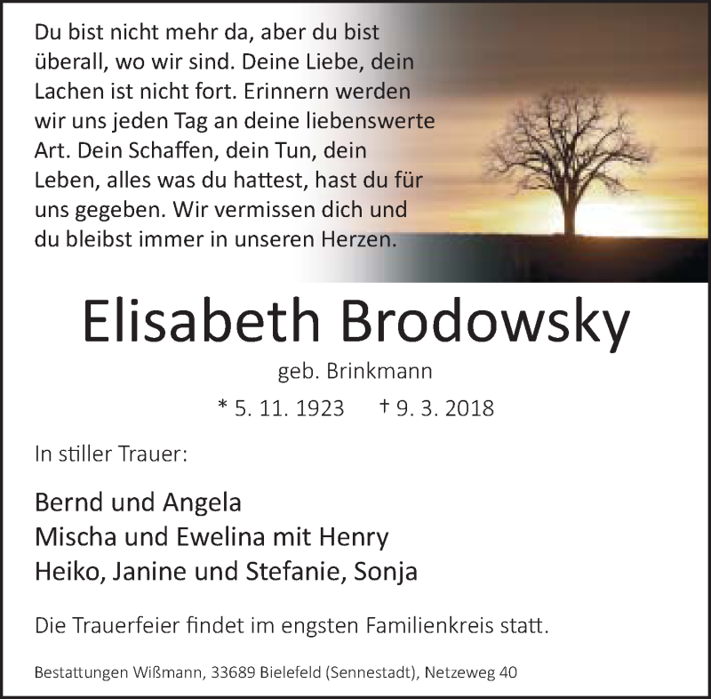  Traueranzeige für Elisabeth Brodowsky vom 17.03.2018 aus Neue Westfälische