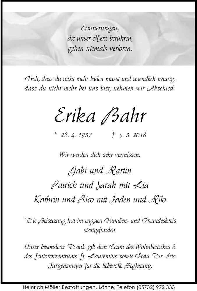  Traueranzeige für Erika Bahr vom 17.03.2018 aus Neue Westfälische
