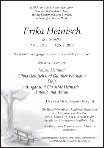 Traueranzeige von Erika Heinisch von Neue Westfälische