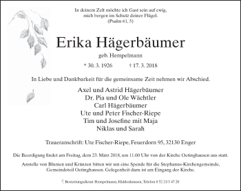 Traueranzeige von Erika Hägerbäumer von Neue Westfälische