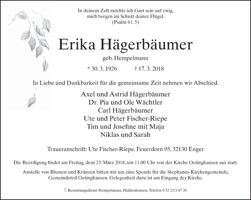  Traueranzeige für Erika Hägerbäumer vom 20.03.2018 aus Neue Westfälische