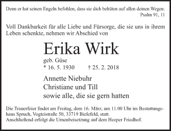 Traueranzeige von Erika Wirk von Neue Westfälische