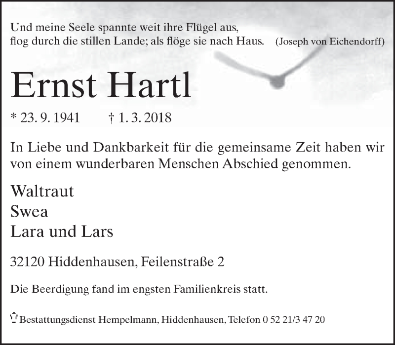  Traueranzeige für Ernst Hartl vom 07.03.2018 aus Neue Westfälische