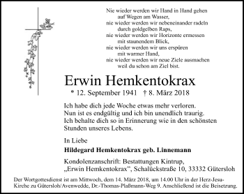 Traueranzeige von Erwin Hemkentokrax von Neue Westfälische
