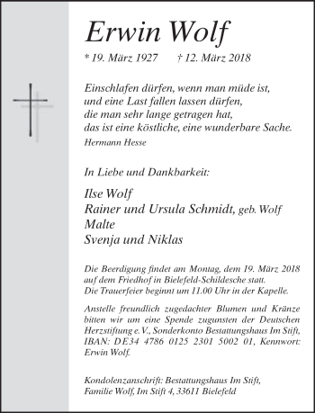 Traueranzeige von Erwin Wolf von Neue Westfälische