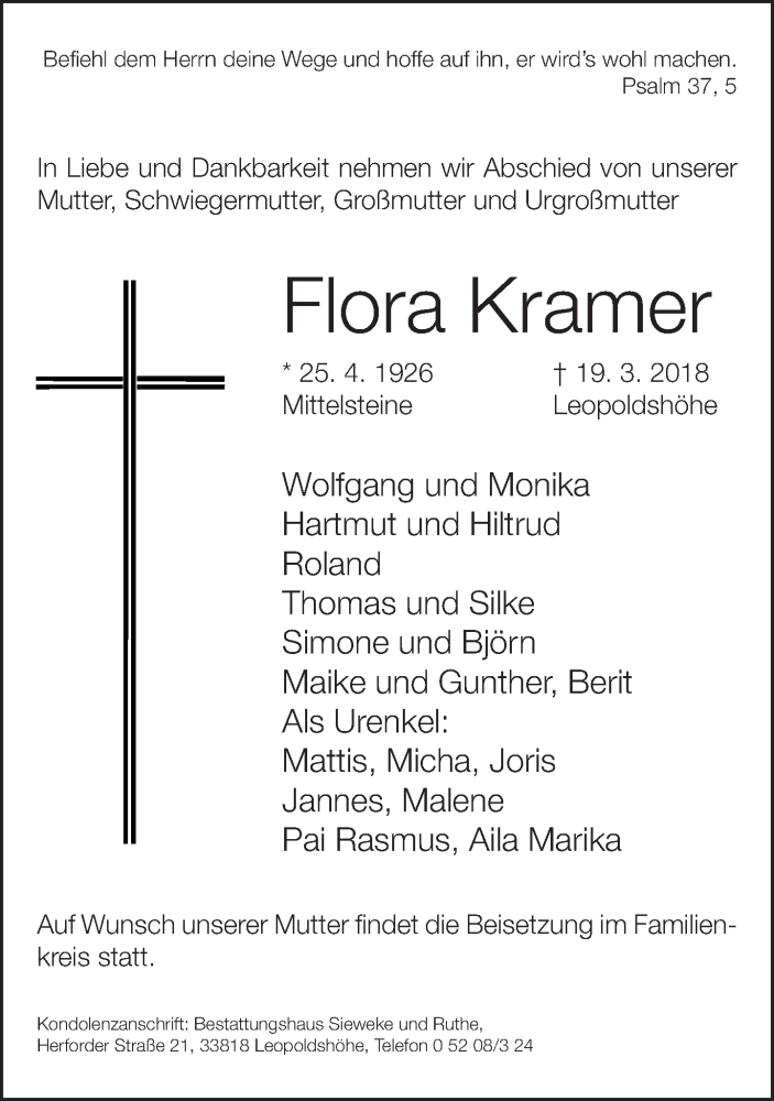  Traueranzeige für Flora Kramer vom 24.03.2018 aus Neue Westfälische
