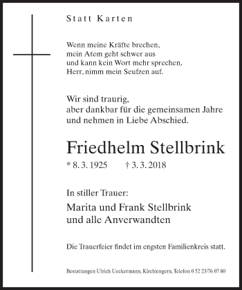 Traueranzeige von Friedhelm Stellbrink von Neue Westfälische