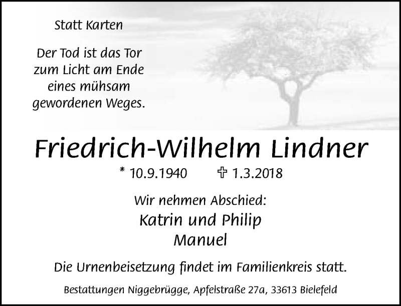  Traueranzeige für Friedrich-Wilhelm Lindner vom 03.03.2018 aus Neue Westfälische