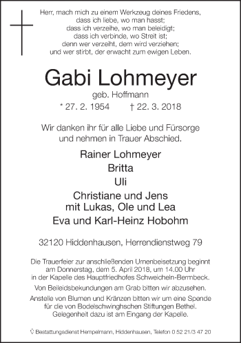 Traueranzeige von Gabi Lohmeyer von Neue Westfälische