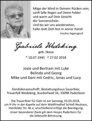 Traueranzeige von Gabriele Wedeking von Neue Westfälische