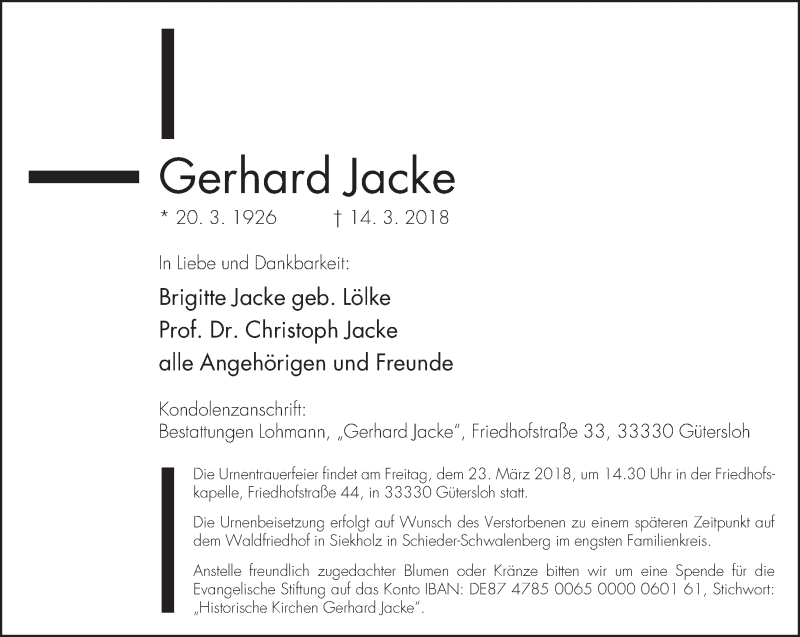  Traueranzeige für Gerhard Jacke vom 17.03.2018 aus Neue Westfälische