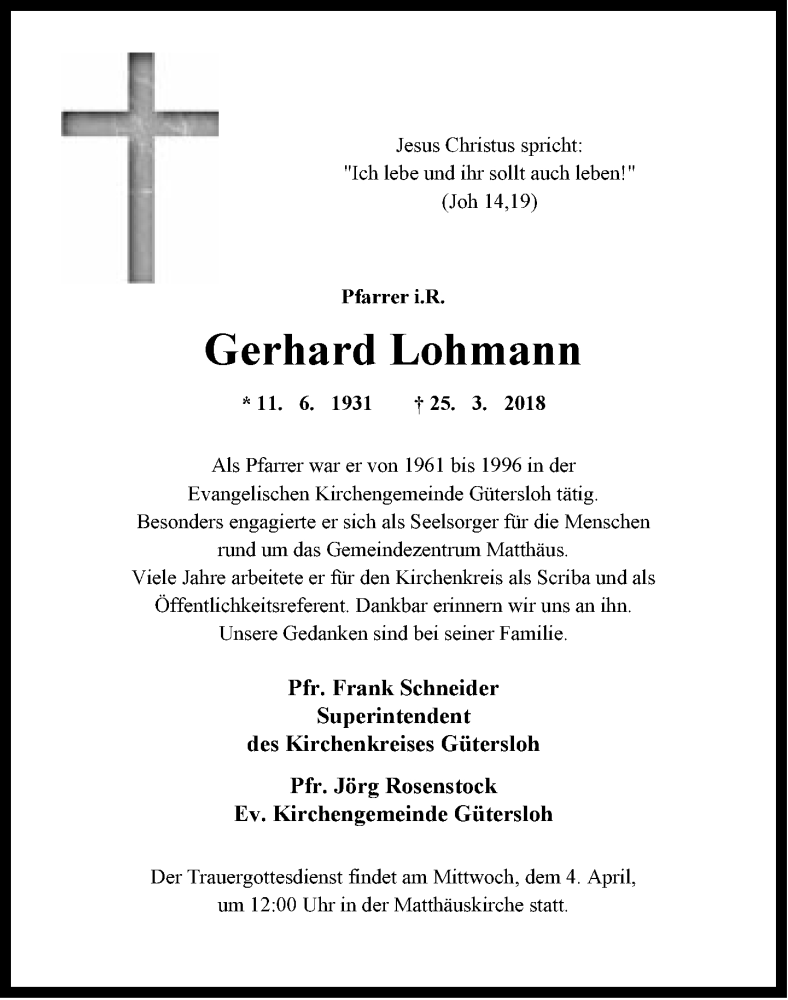  Traueranzeige für Gerhard Lohmann vom 30.03.2018 aus Neue Westfälische