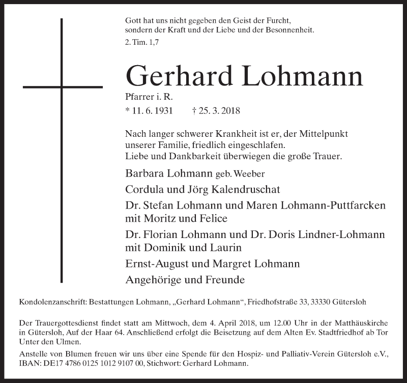  Traueranzeige für Gerhard Lohmann vom 29.03.2018 aus Neue Westfälische