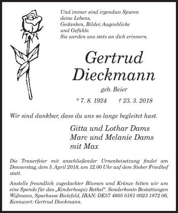 Traueranzeige von Gertrud Dieckmann von Neue Westfälische