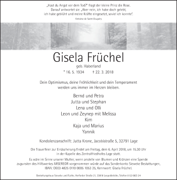 Traueranzeige von Gisela Früchel von Neue Westfälische