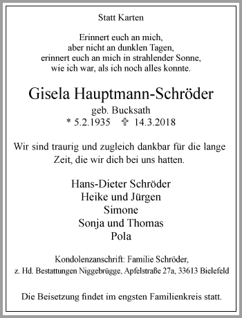 Traueranzeige von Gisela Hauptmann-Schröder von Neue Westfälische