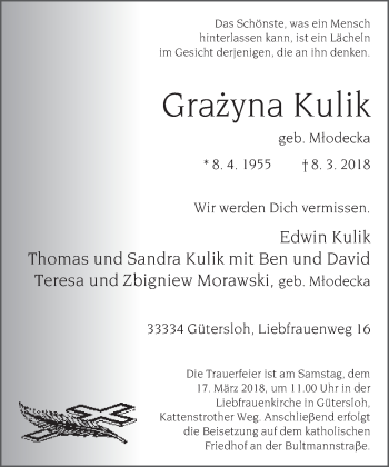 Traueranzeige von Grazyna Kulik von Neue Westfälische