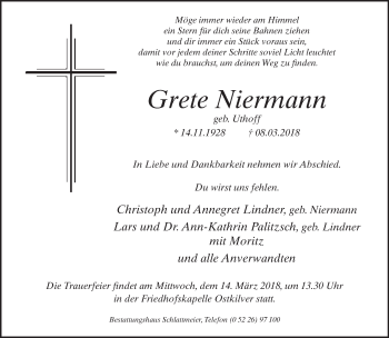 Traueranzeige von Grete Niermann von Neue Westfälische