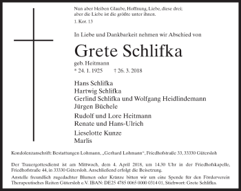 Traueranzeige von Grete Schlifka von Neue Westfälische