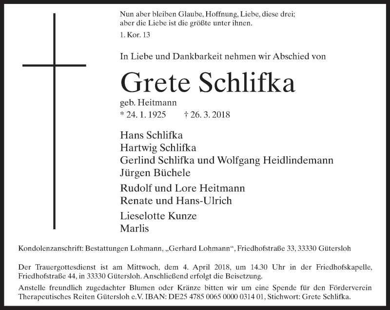  Traueranzeige für Grete Schlifka vom 29.03.2018 aus Neue Westfälische