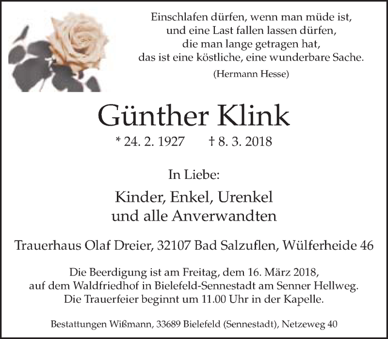  Traueranzeige für Günther Klink vom 14.03.2018 aus Neue Westfälische