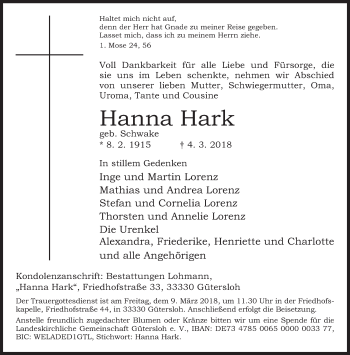 Traueranzeige von Hanna Hark von Neue Westfälische
